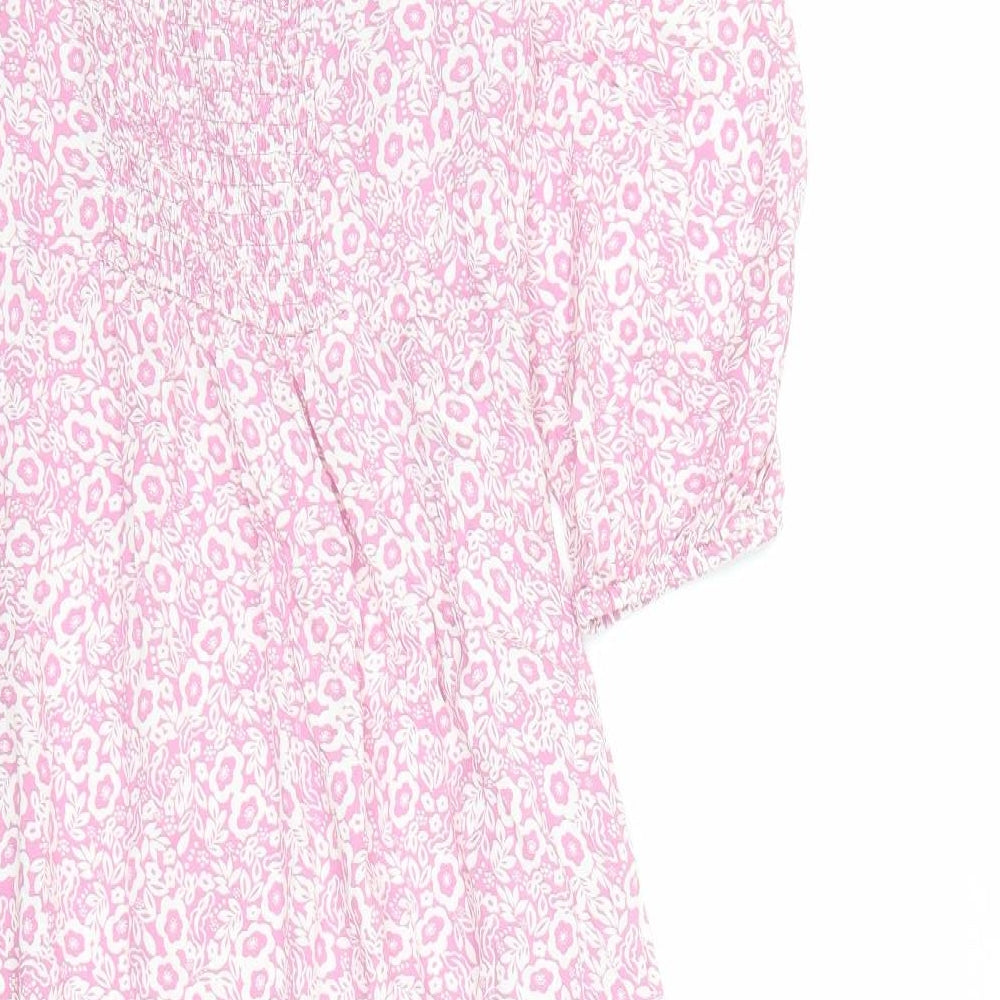 Marks and Spencer Womens Pink Floral Viscose A-Line Size 10 V-Neck Zip