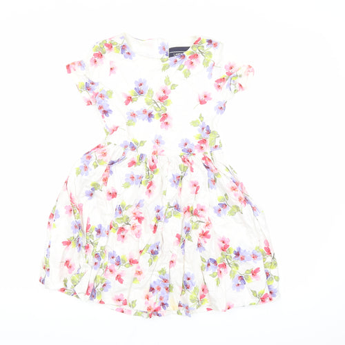 Lands' End Girls White Floral 100% Cotton Fit & Flare Size 5-6 Years Round Neck Zip