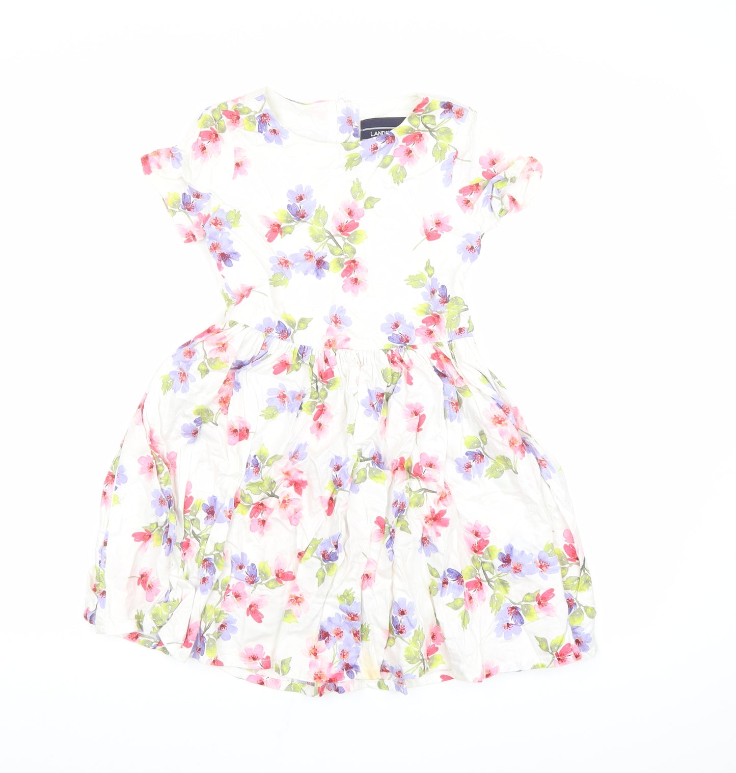 Lands' End Girls White Floral 100% Cotton Fit & Flare Size 5-6 Years Round Neck Zip