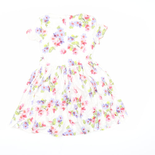 Lands' End Girls White Floral 100% Cotton Fit & Flare Size 5-6 Years Round Neck Zip