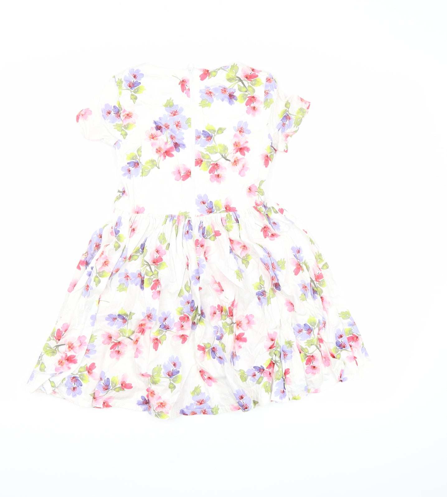 Lands' End Girls White Floral 100% Cotton Fit & Flare Size 5-6 Years Round Neck Zip