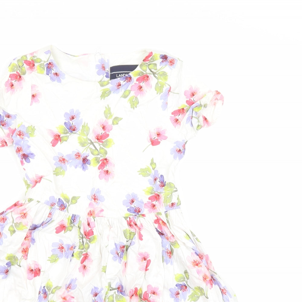Lands' End Girls White Floral 100% Cotton Fit & Flare Size 5-6 Years Round Neck Zip