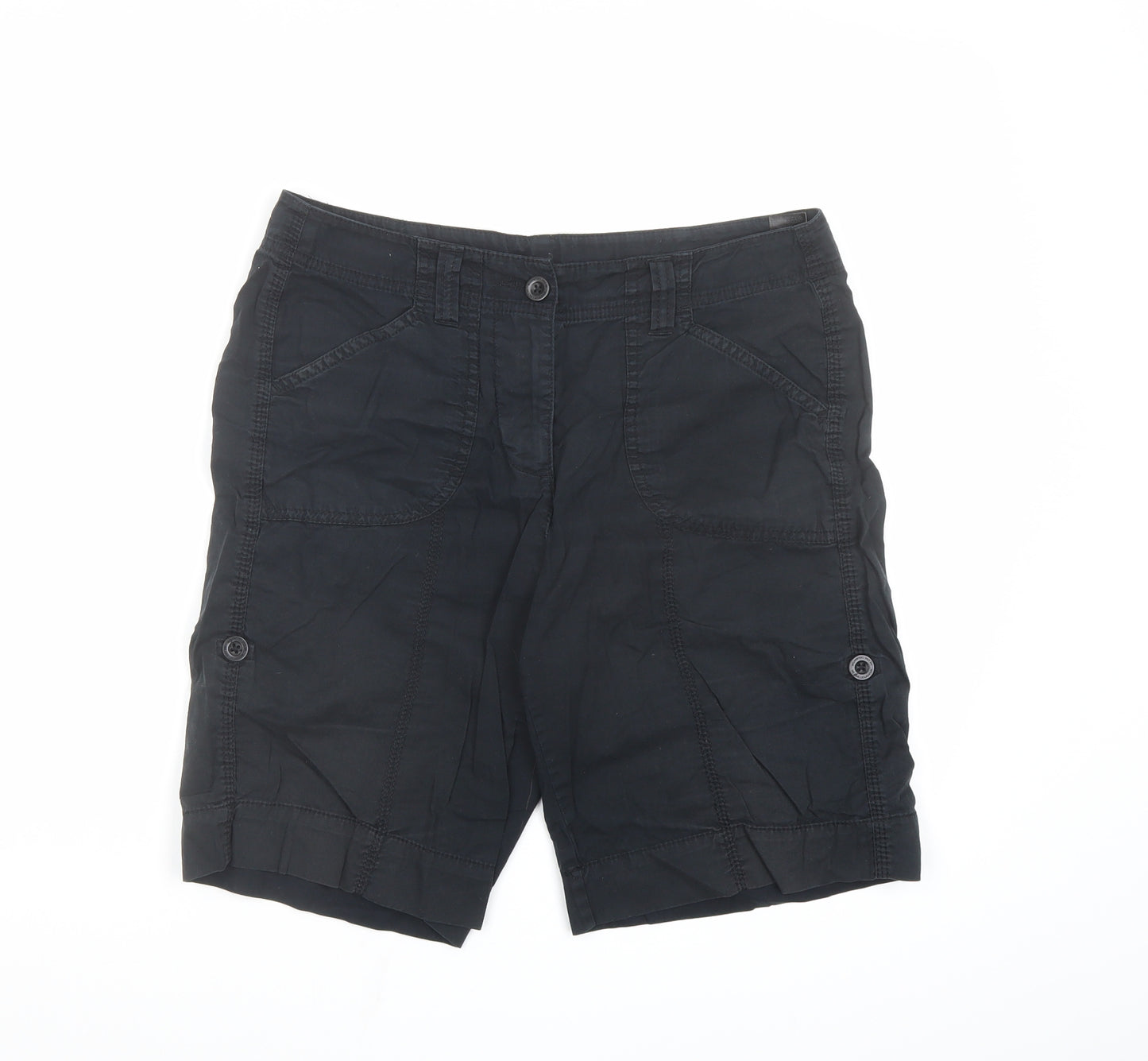 Marks and Spencer Womens Black 100% Cotton Bermuda Shorts Size 10 L9 in Regular Zip - Pockets