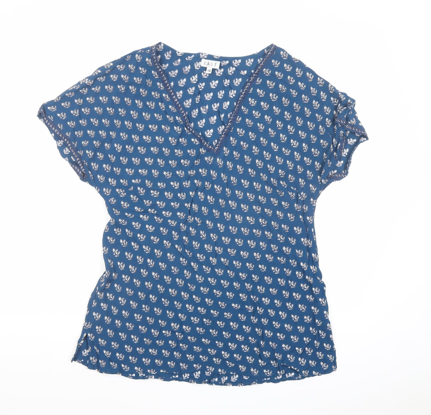 EAST Womens Blue Geometric Viscose Basic Blouse Size 16 V-Neck