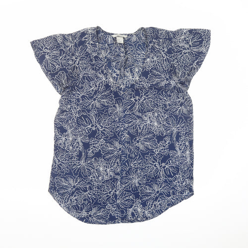 H&M Womens Blue Geometric Polyester Basic Blouse Size 8 V-Neck