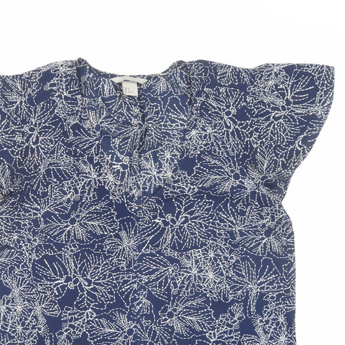 H&M Womens Blue Geometric Polyester Basic Blouse Size 8 V-Neck