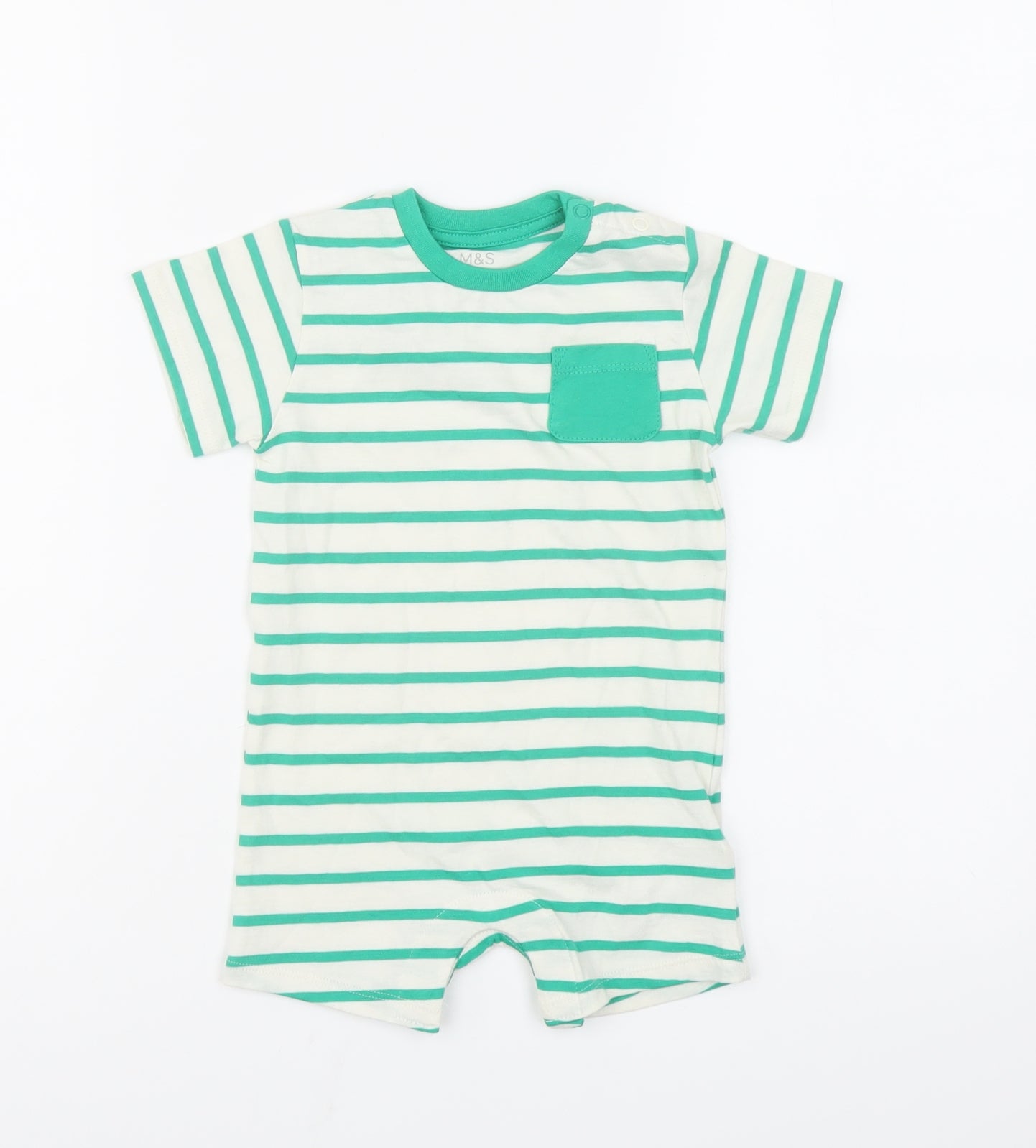 Marks and Spencer Baby White Striped Cotton Babygrow One-Piece Size 6-9 Months Snap - Pocket Detail