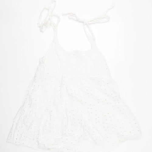 ASOS Womens White Geometric 100% Cotton Tank Dress Size 16 Round Neck Tie - Embroidered Detail