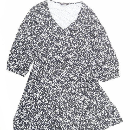 Marks and Spencer Womens Blue Geometric Viscose Fit & Flare Size 18 V-Neck Pullover