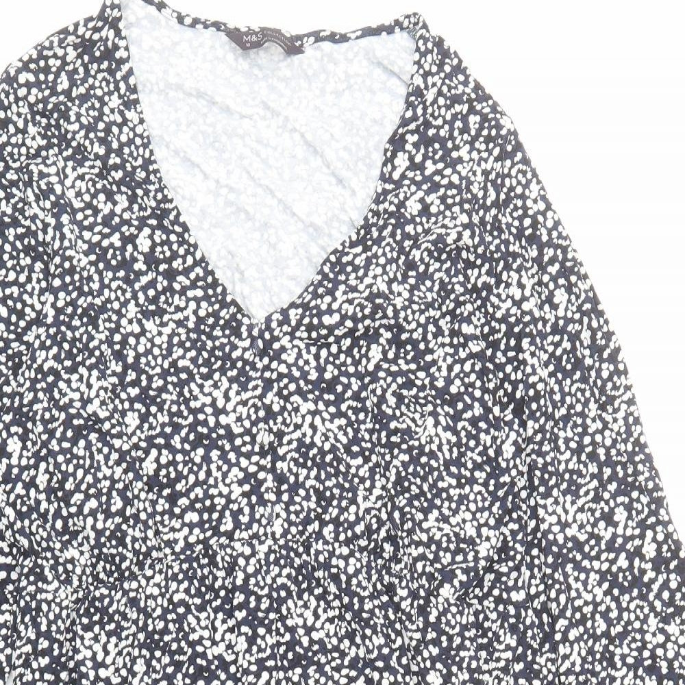 Marks and Spencer Womens Blue Geometric Viscose Fit & Flare Size 18 V-Neck Pullover