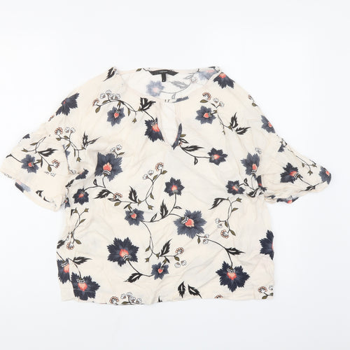 VERO MODA Womens Ivory Floral Viscose Basic Blouse Size M Round Neck - keyhole Neckline