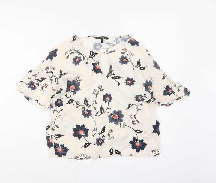 VERO MODA Womens Ivory Floral Viscose Basic Blouse Size M Round Neck - keyhole Neckline
