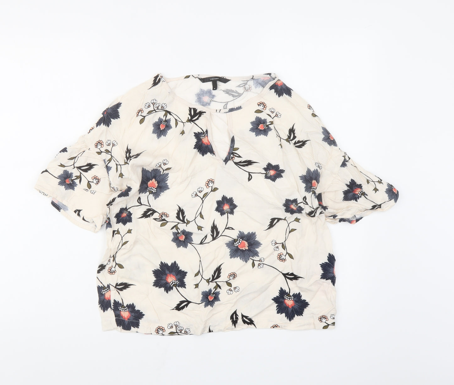 VERO MODA Womens Ivory Floral Viscose Basic Blouse Size M Round Neck - keyhole Neckline