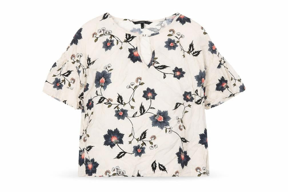 Front view of Vero Moda women’s ivory floral viscose basic blouse, size M, round neck - keyhole neckline