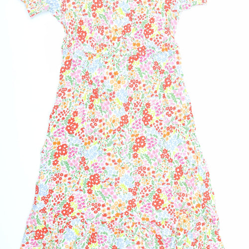 Marks and Spencer Womens Multicoloured Floral Viscose A-Line Size 16 Round Neck Button - Keyhole Neckline Belted
