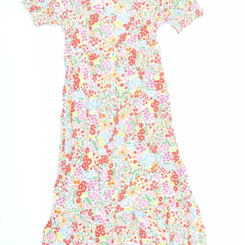 Marks and Spencer Womens Multicoloured Floral Viscose A-Line Size 16 Round Neck Button - Keyhole Neckline Belted