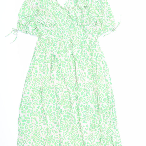 Marks and Spencer Womens Green Animal Print Viscose Trapeze & Swing Size 10 V-Neck Pullover - Leopard Pattern