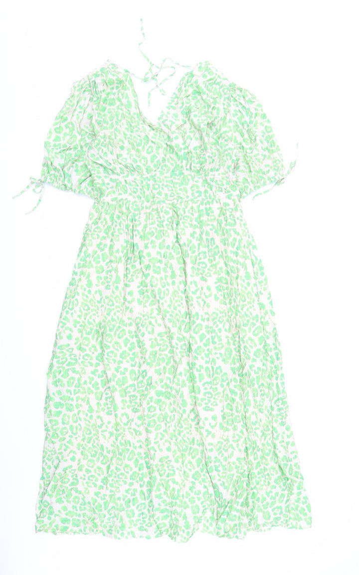 Marks and Spencer Womens Green Animal Print Viscose Trapeze & Swing Size 10 V-Neck Pullover - Leopard Pattern