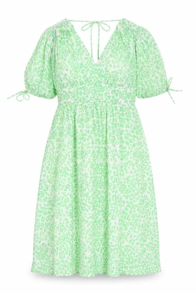 Front view of Marks & Spencer women’s green animal print viscose trapeze & swing, v-neck pullover - leopard pattern