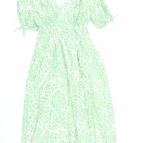 Marks and Spencer Womens Green Animal Print Viscose Trapeze & Swing Size 8 V-Neck Pullover - Leopard Pattern