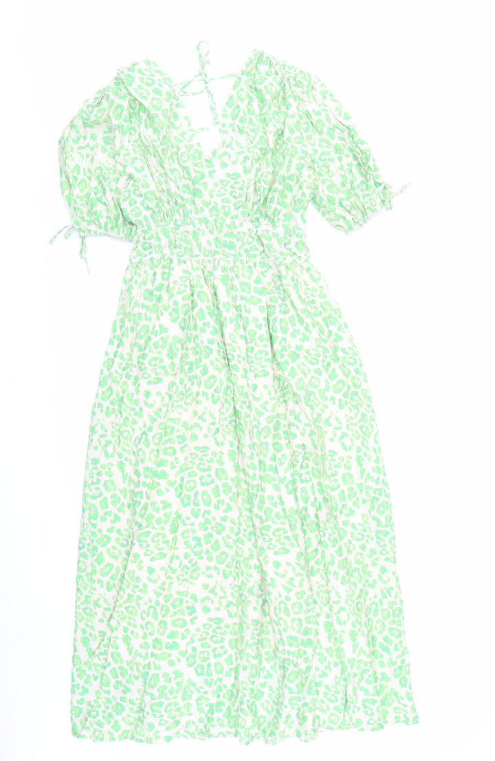 Marks and Spencer Womens Green Animal Print Viscose Trapeze & Swing Size 8 V-Neck Pullover - Leopard Pattern