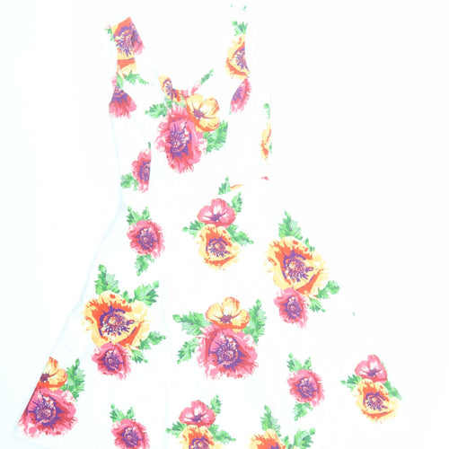Monsoon Womens White Floral Cotton Fit & Flare Size 8 V-Neck Zip - Lined