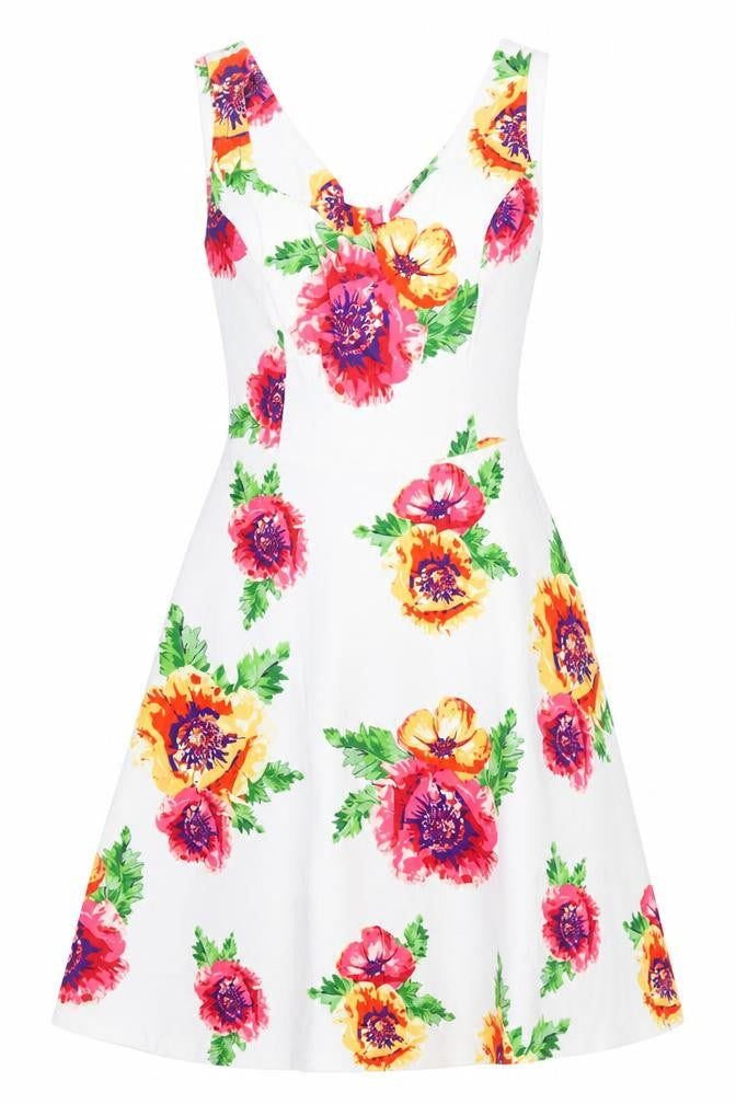 Monsoon Womens White Floral Cotton Fit & Flare Size 8 V-Neck Zip - Lined