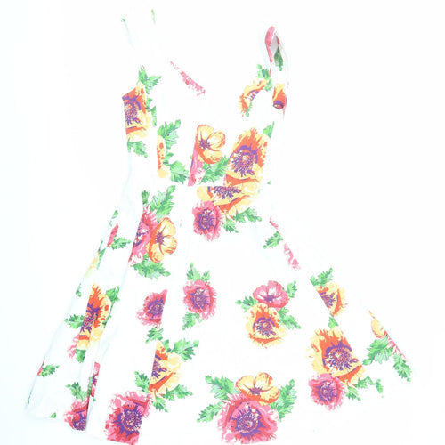 Monsoon Womens White Floral Cotton Fit & Flare Size 8 V-Neck Zip - Lined