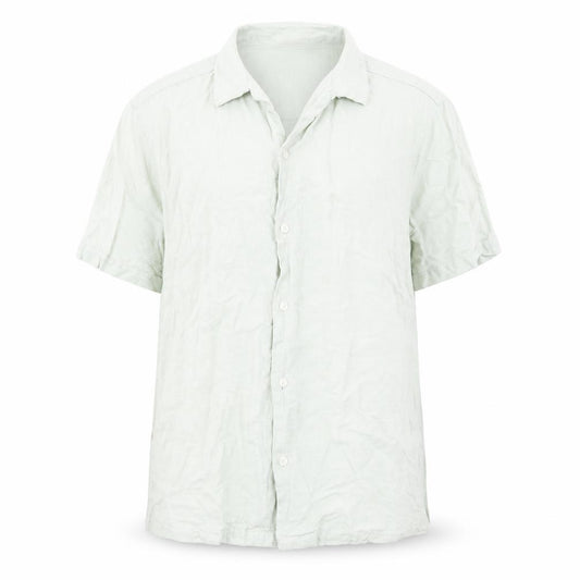 Front view of ASOS men’s green linen button-up, size M, collared button