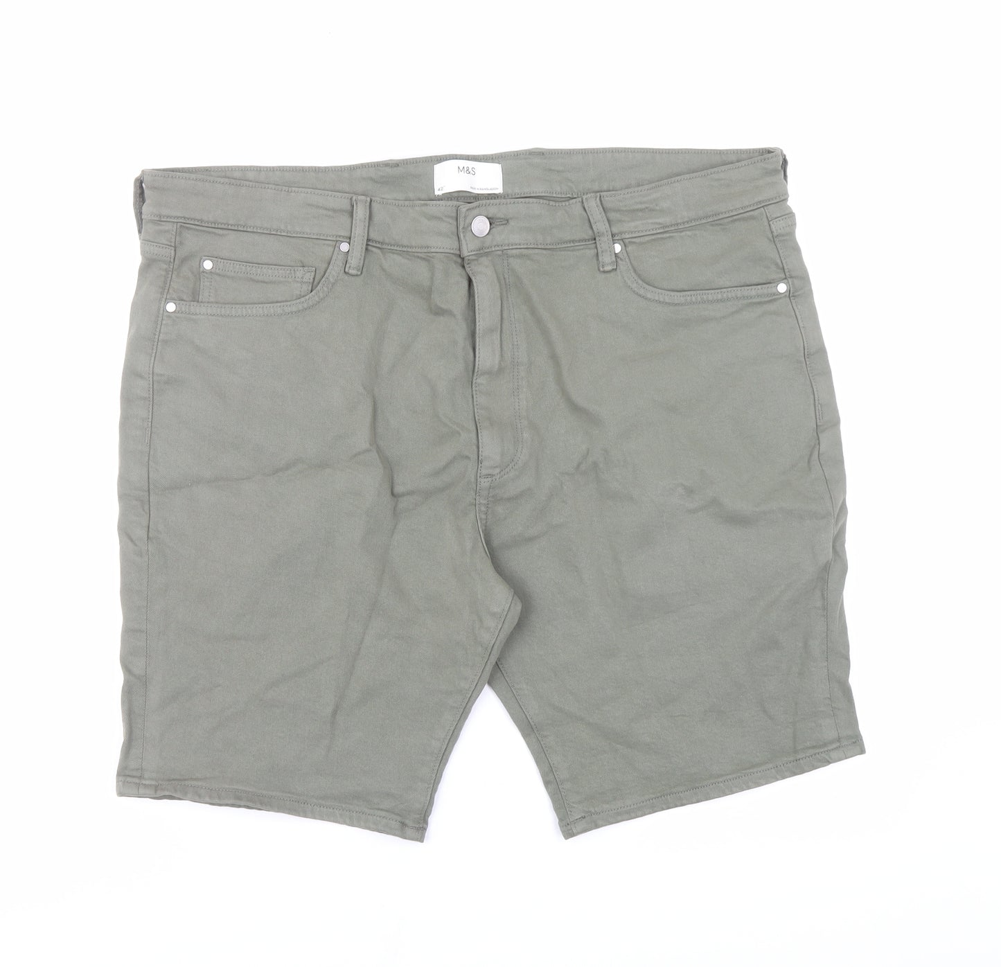 Marks and Spencer Mens Green Cotton Biker Shorts Size 42 in L9 in Regular Zip - Pockets
