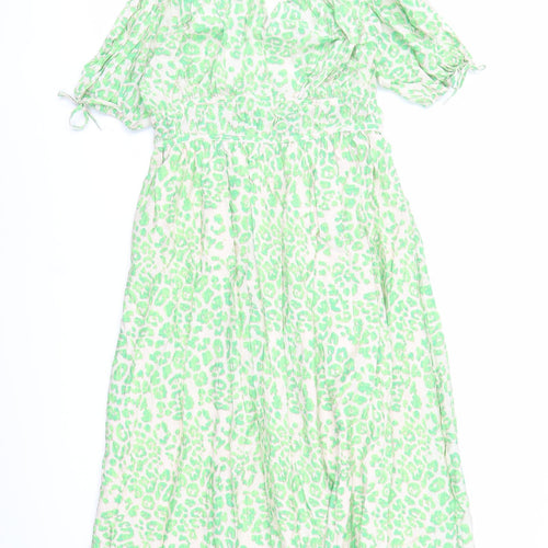 Marks and Spencer Womens Green Animal Print Viscose Trapeze & Swing Size 12 V-Neck Pullover - Leopard Pattern