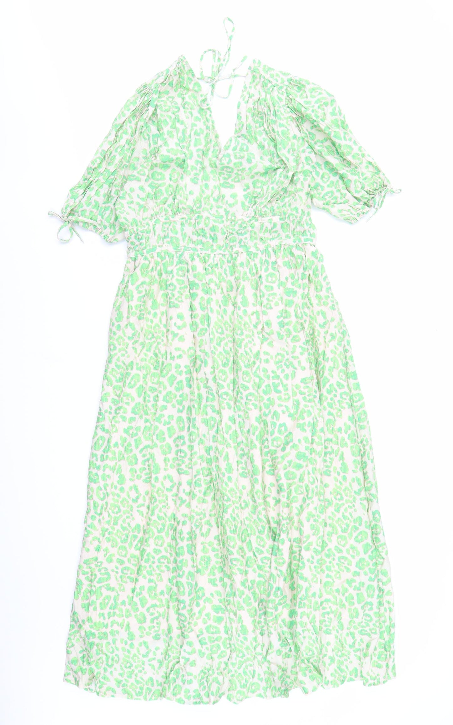 Marks and Spencer Womens Green Animal Print Viscose Trapeze & Swing Size 12 V-Neck Pullover - Leopard Pattern