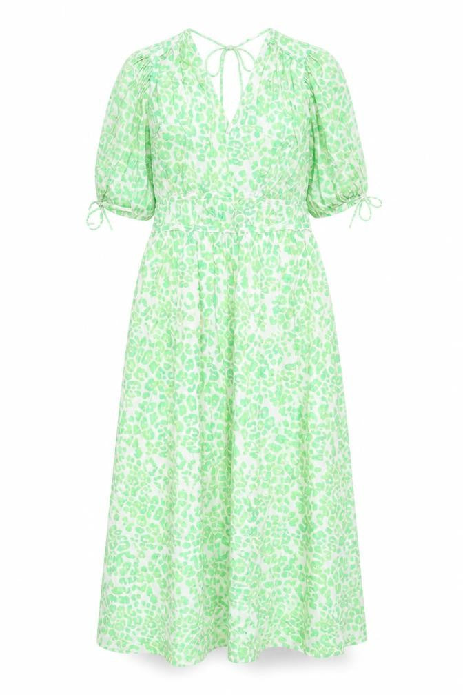Front view of Marks & Spencer women’s green animal print viscose trapeze & swing, v-neck pullover - leopard pattern