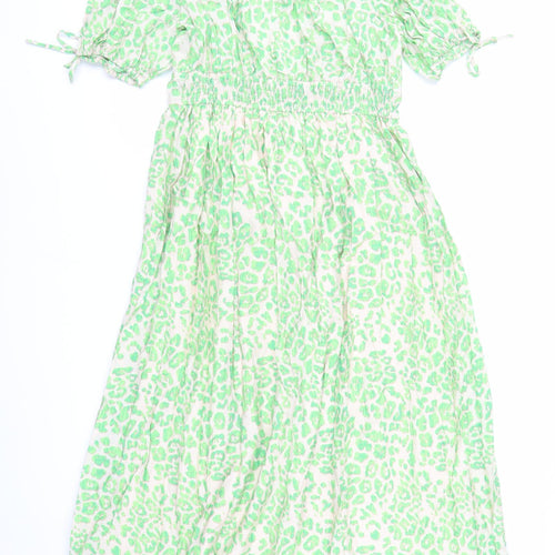 Marks and Spencer Womens Green Animal Print Viscose Trapeze & Swing Size 12 V-Neck Pullover - Leopard Pattern