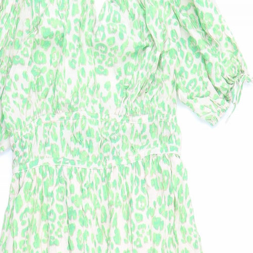 Marks and Spencer Womens Green Animal Print Viscose Trapeze & Swing Size 12 V-Neck Pullover - Leopard Pattern