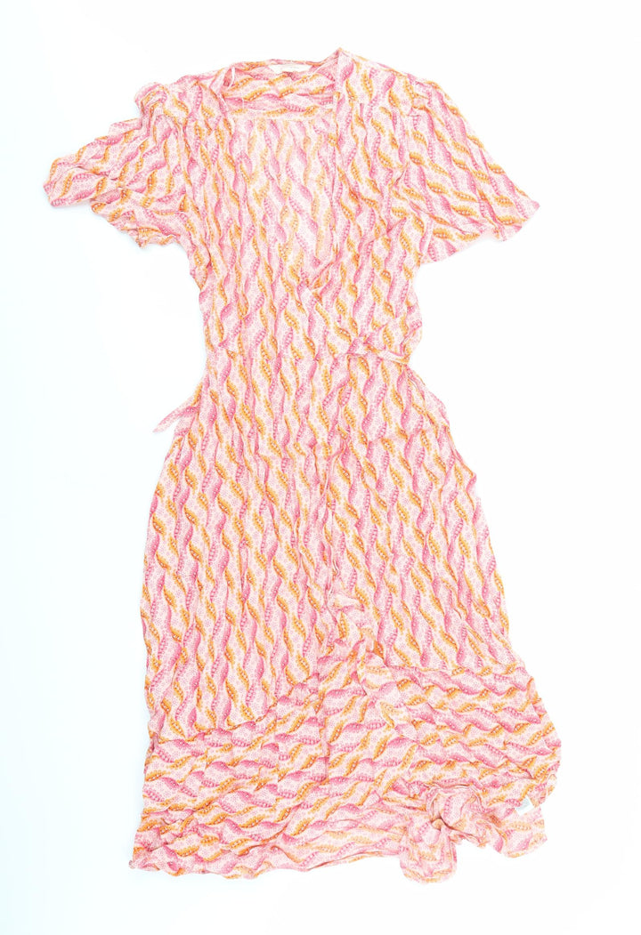Per Una Womens Orange Geometric Viscose Wrap Dress Size 8 V-Neck Tie