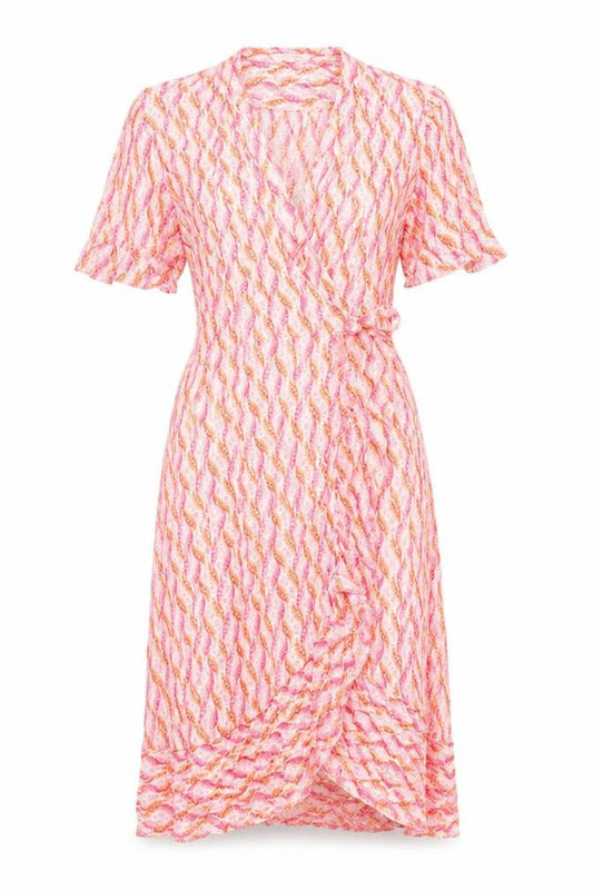 Front view of Per Una women’s orange geometric viscose wrap dress, size UK 8, v-neck tie