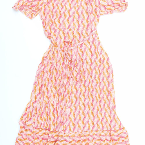 Per Una Womens Orange Geometric Viscose Wrap Dress Size 8 V-Neck Tie