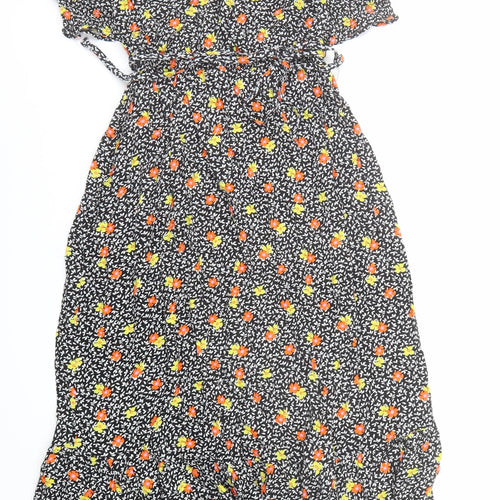 Marks and Spencer Womens Black Floral Viscose A-Line Size 8 Round Neck Button - be
