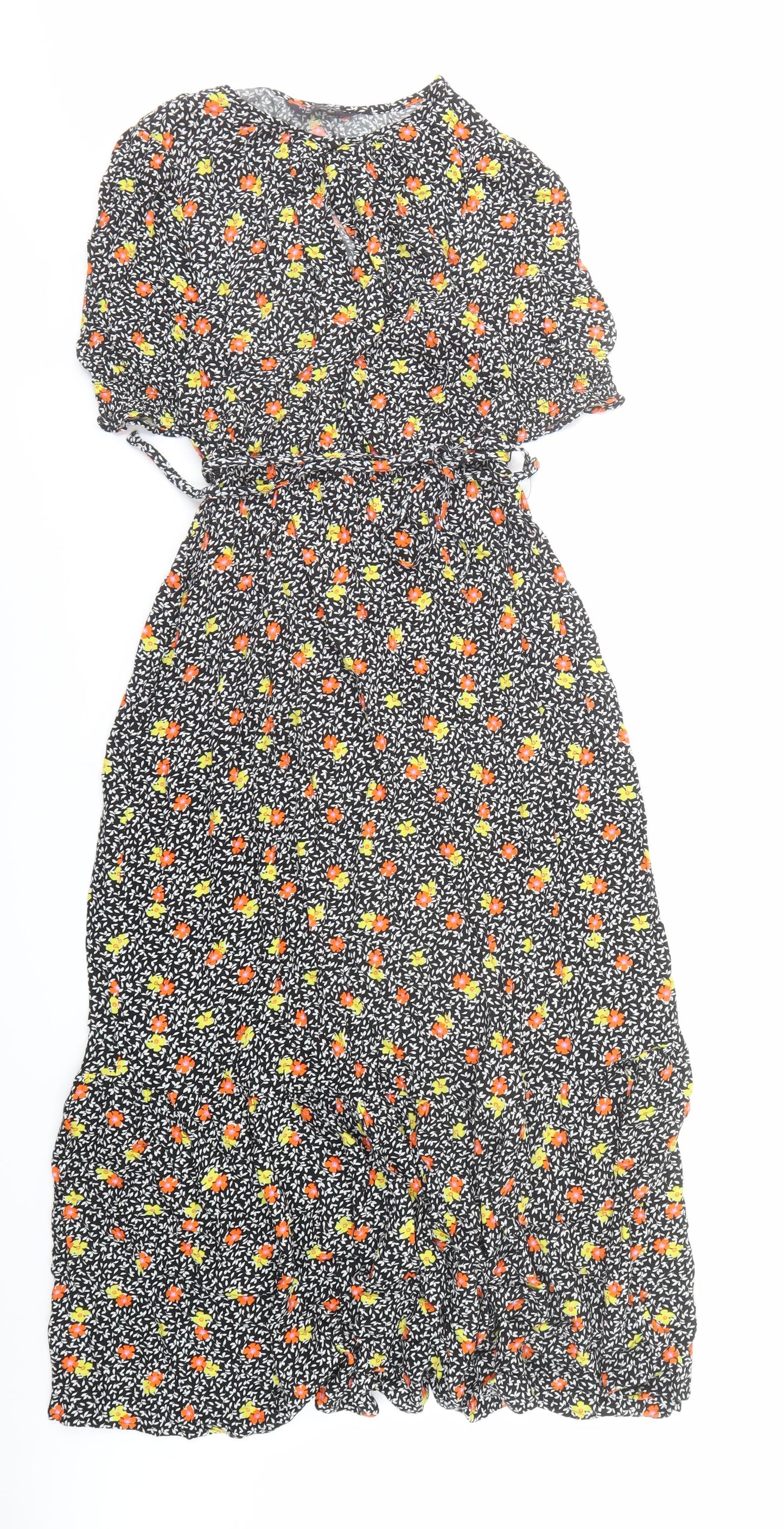 Marks and Spencer Womens Black Floral Viscose A-Line Size 8 Round Neck Button - be