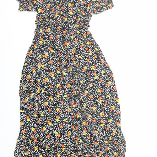 Marks and Spencer Womens Black Floral Viscose A-Line Size 8 Round Neck Button - be