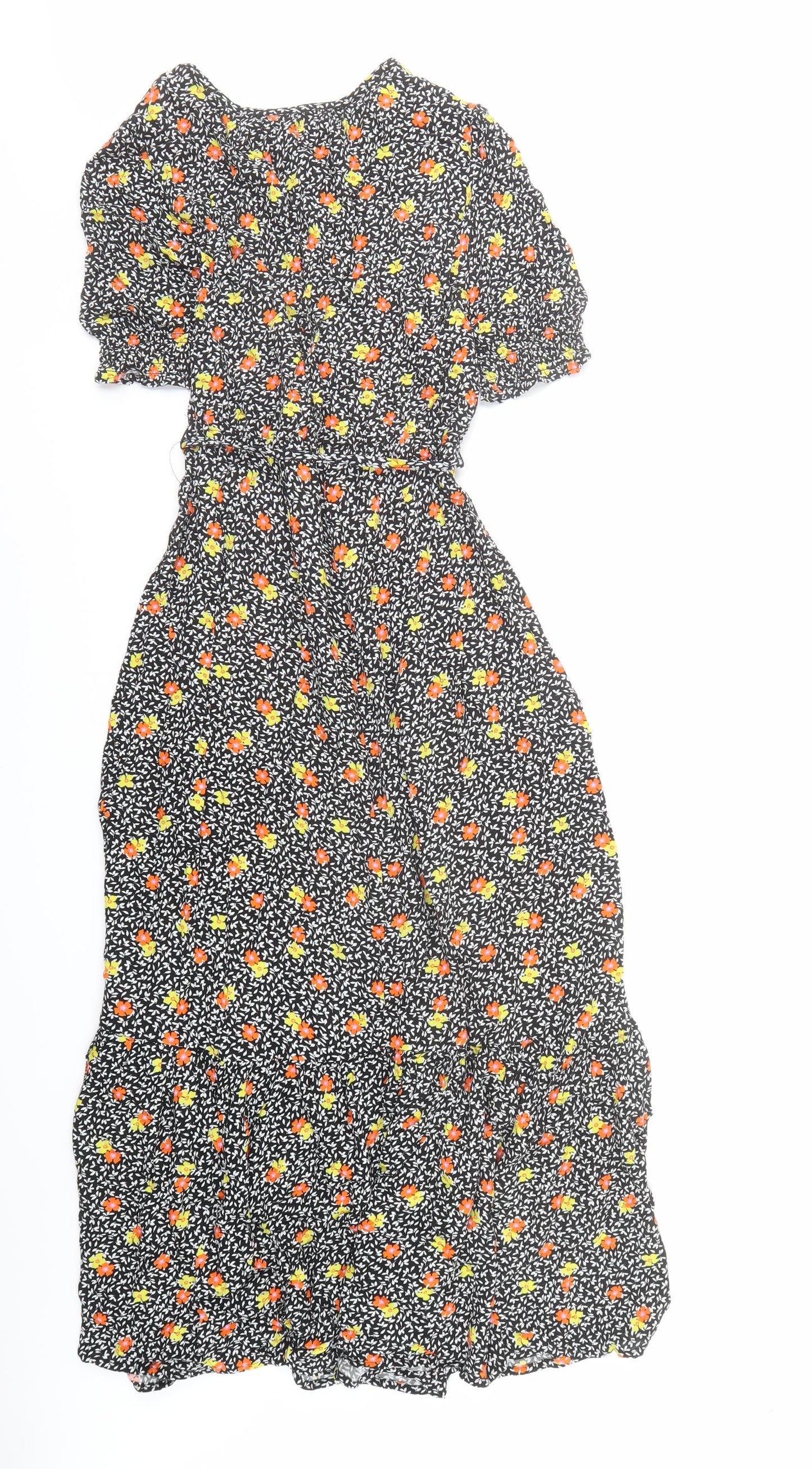 Marks and Spencer Womens Black Floral Viscose A-Line Size 8 Round Neck Button - be