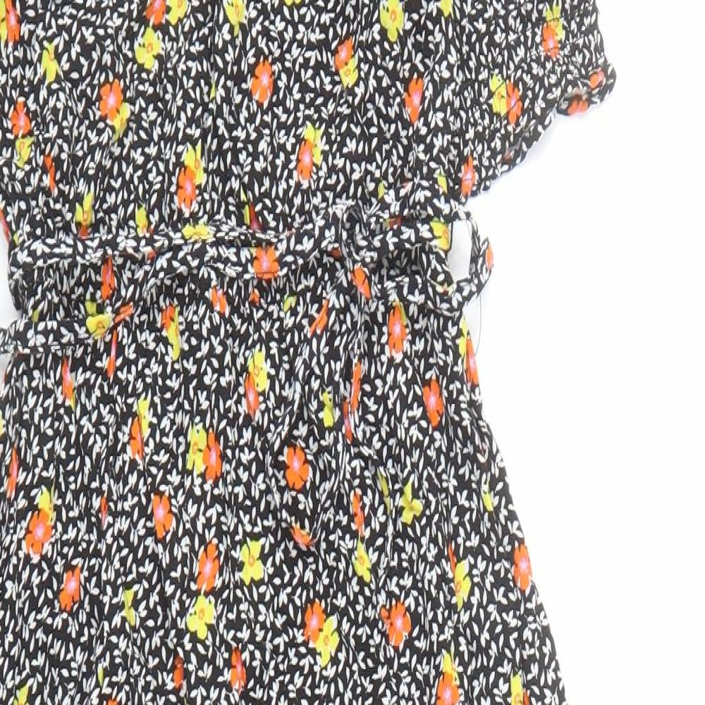 Marks and Spencer Womens Black Floral Viscose A-Line Size 8 Round Neck Button - be