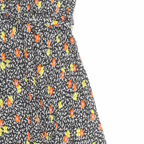 Marks and Spencer Womens Black Floral Viscose A-Line Size 8 Round Neck Button - be