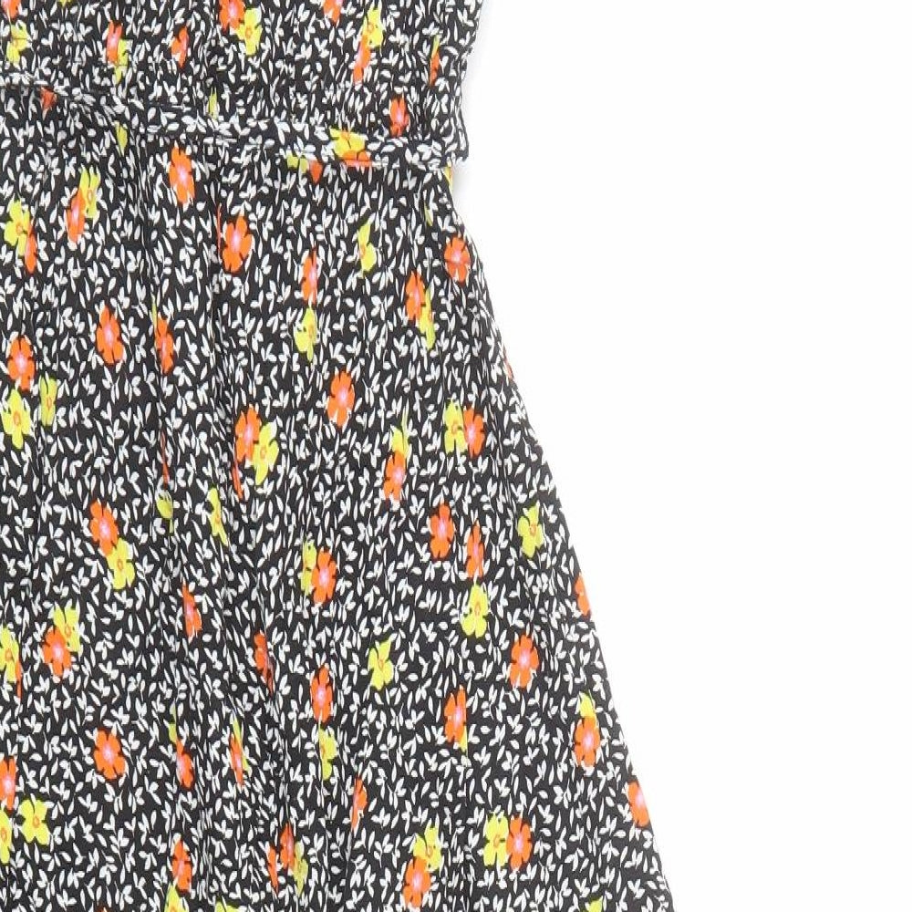 Marks and Spencer Womens Black Floral Viscose A-Line Size 8 Round Neck Button - be