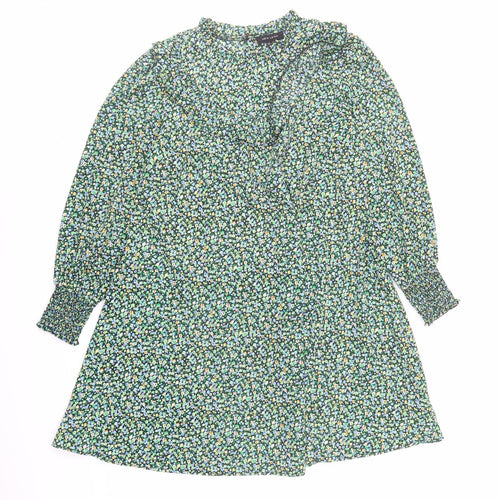 New Look Womens Green Floral Polyester A-Line Size 12 Mock Neck Button