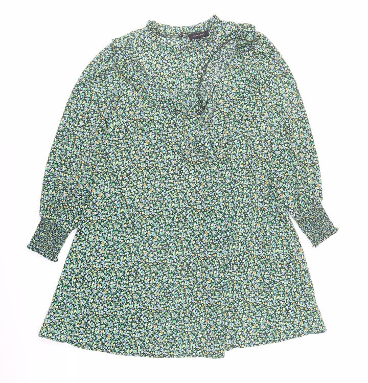New Look Womens Green Floral Polyester A-Line Size 12 Mock Neck Button