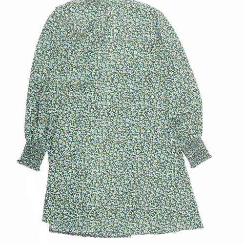New Look Womens Green Floral Polyester A-Line Size 12 Mock Neck Button
