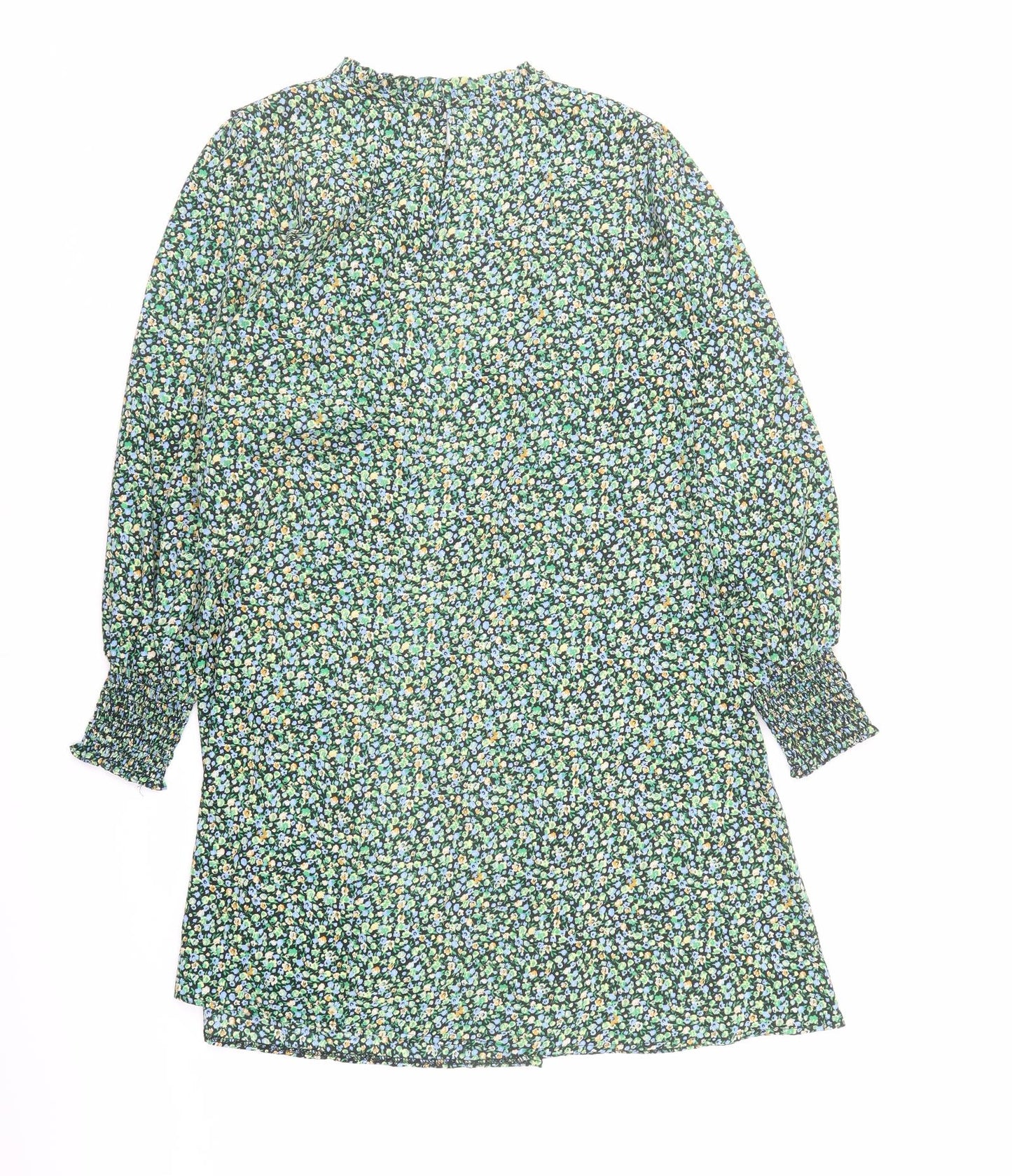 New Look Womens Green Floral Polyester A-Line Size 12 Mock Neck Button