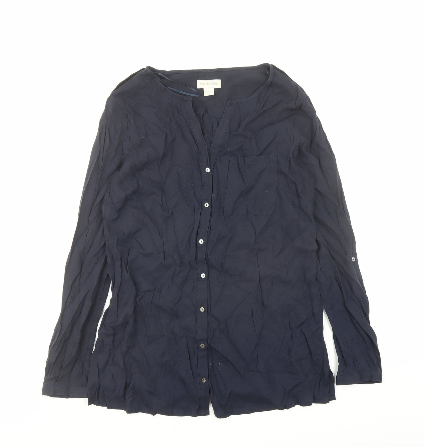 Monsoon Womens Blue Viscose Basic Button-Up Size 12 V-Neck